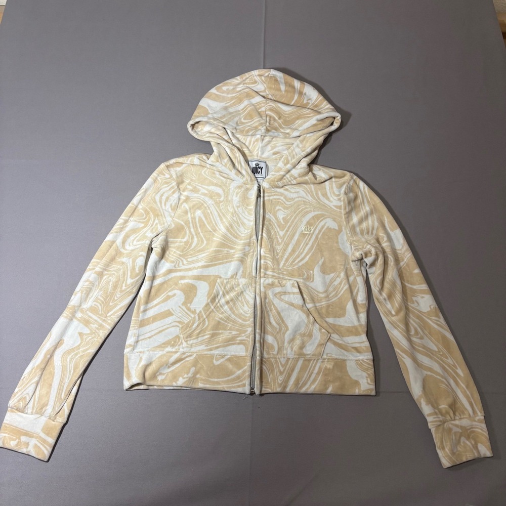Juicy Couture Hoodie Womens Medium Tan Marble Swirl Velour Full Zip Crown Logo